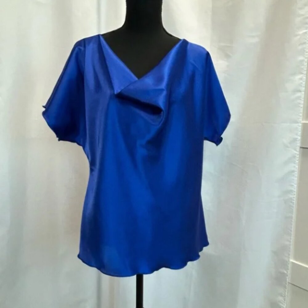 Nicole Miller Royal cobalt blue satin short sleeve draped cowl neck blouse, Sz M